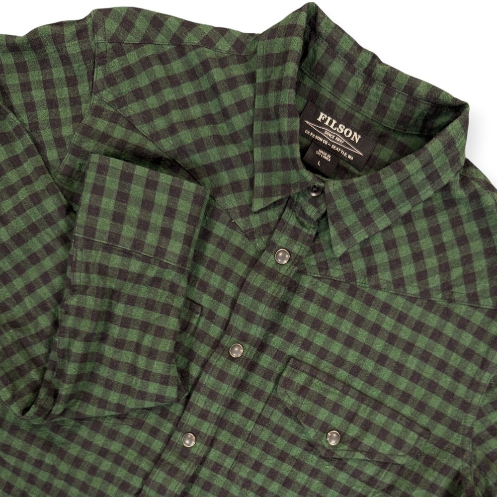 FILSON Western Long Sleeve Shirt Womens L Green Black Plaid Snap Wool Blend